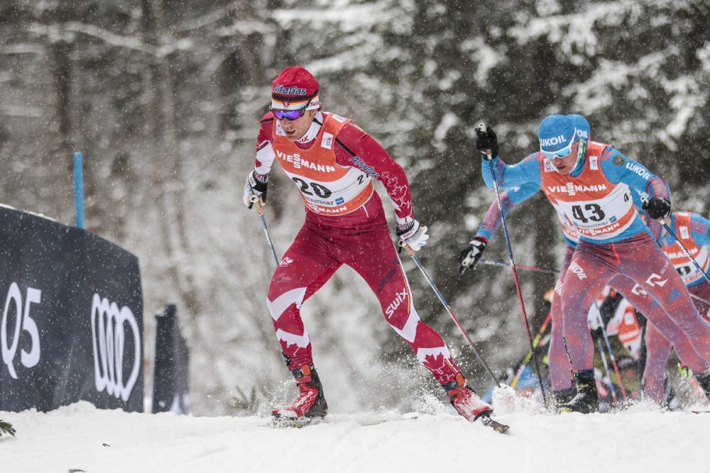 Canada's Devon Kershaw racing to 21st in the men's 15-kilometer pursuit on Wednesday in Obsterdorf, Germany. (Photo: Fischer/NordicFocus)
