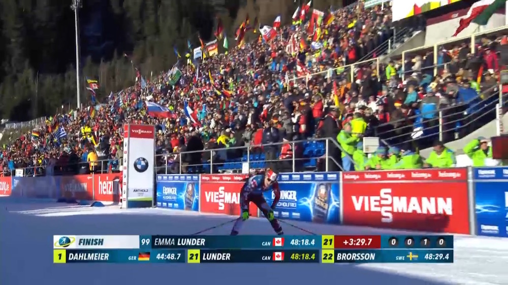 Biathlon Canada's Emma Lunder finishing 21st for her career-best IBU World Cup result on Thursday at the women's 15 k individual (her first time racing that distance) in Antholz, Italy. (Photo: ARD broadcast screenshot)