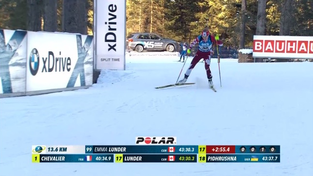 Emma Lunder (Biathlon Canada) on course during the women's 15 k individual at the IBU World Cup in Antholz, Italy. (Photo: ARD broadcast screenshot)