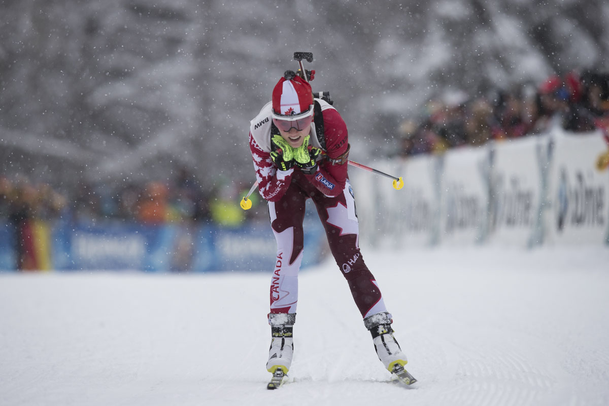 Emma Lunder (Biathlon Canada) racing in last weekend's IBU World Cup in Ruhpolding, Germany, where she placed 89th. (Photo: Fischer/NordicFocus)