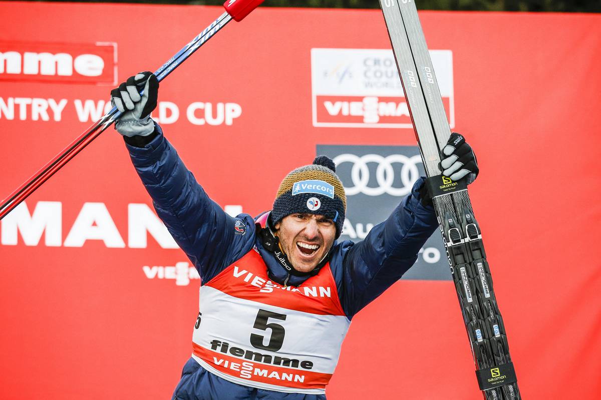 France's Maurice Manificat celebrates his "time of day" victory in Stage 7 of the 2017 Tour de Ski, with the fastest time in the 9 k freestyle hill climb in Val di Fiemme, Italy. (Photo: Salomon/Nordic Focus)