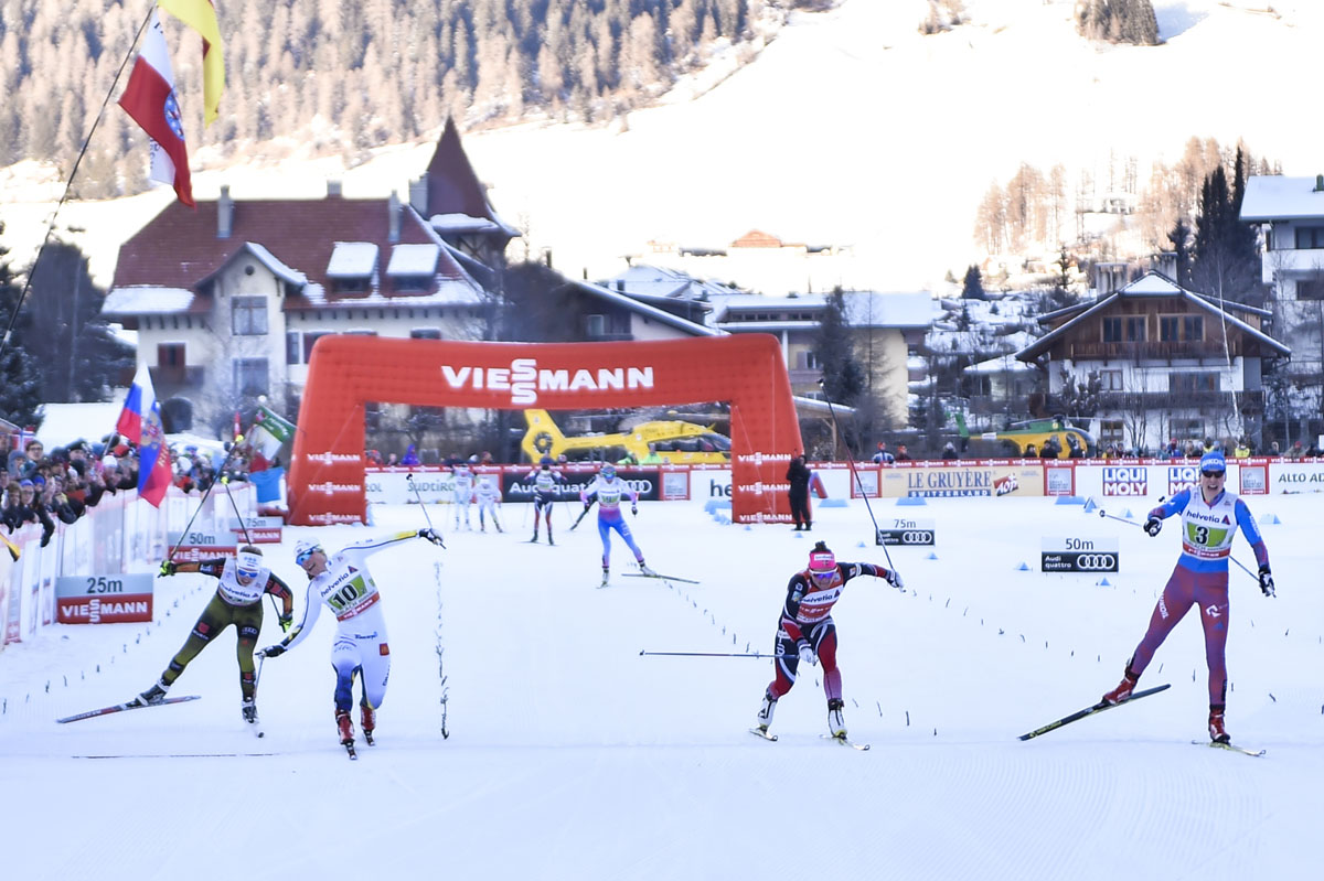 Russia's Natalia Matveeva (r) winning a three-way photo finish for first in the women's freestyle team sprint on Sunday in Toblach, Italy, ahead of Sweden's Hanna Falk (in white), who placed second (+0.04), and Norway's Maiken Caspersen Falla (second from l), who ended up third (+0.11), respectively. (Photo: Fischer/NordicFocus)