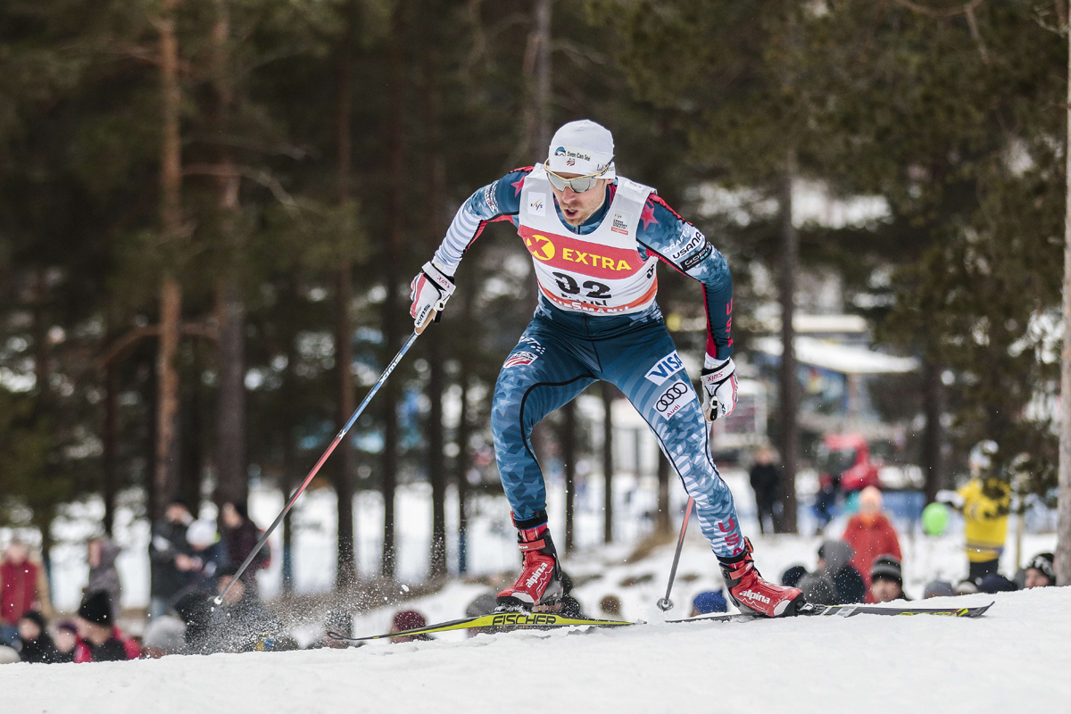 Andy Newell (U.S. Ski Team) racing to 25th in the men's qualifier of the World Cup freestyle sprint in Falun, Sweden. He ended up 16th on the day.(Photo: Fischer/NordicFocus)