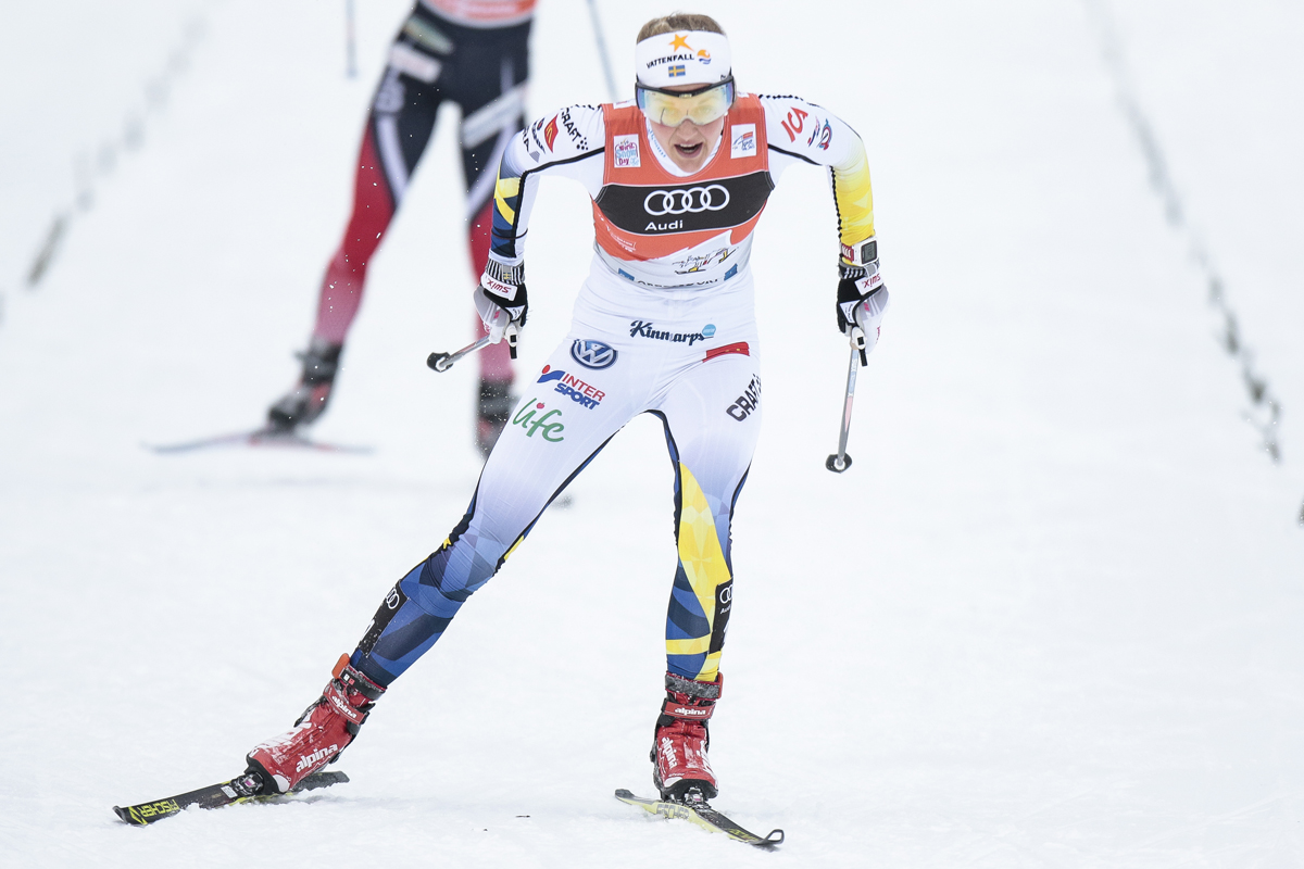 Sweden's Stina Nilsson racing to the win in Wednesday's 10 k freestyle pursuit at Stage 4 of the Tour de Ski in Oberstdorf, Germany, ahead of Norway's Heidi Weng in second and Ingvild Flugstad Østberg in third. (Photo: Fischer/NordicFocus)