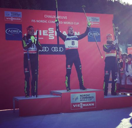 Sunday's Nordic Combined World Cup podium in Chaux-Neuve, France, with German winner Fabian Rießle (c), German runner-up Johannes Rydzek (l), and Germany's Eric Frenzel (r) in third. (Photo: FIS Nordic Combined/Twitter)