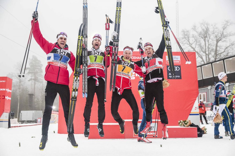 Left to right: Canada's Len Valjas, Alex Harvey, Knute Johnsgaard, and Alex Harvey after their historic third place finish in the men's 4 x 7.5-kilometer team relay on Sunday in Ulricehamn, Sweden. (Photo: Fischer/Nordic Focus)