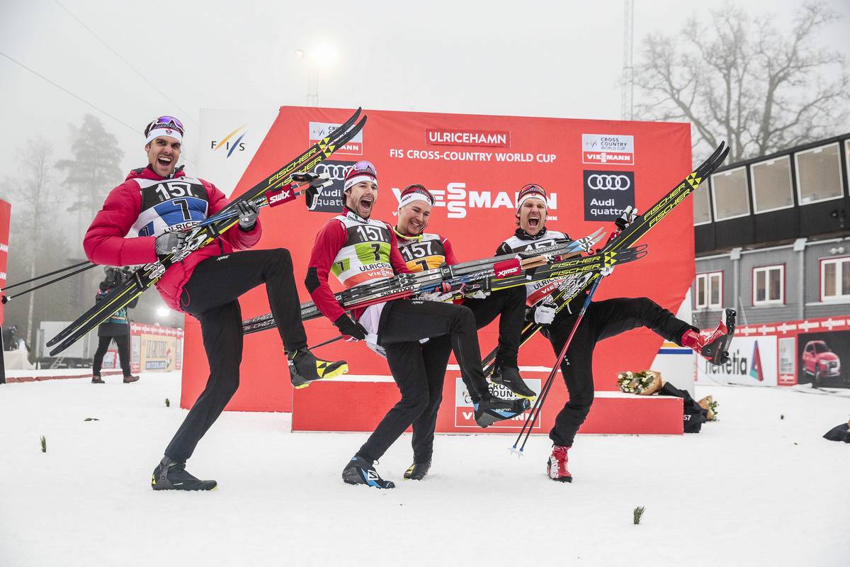 The Canadian men's relay after placing third for Canada's best World Cup result in the 4 x 7.5 k, with (from left to right), Lenny Valjas, Alex Harvey, Knute Johnsgaard, and Devon Kershaw. (Photo: Salomon/NordicFocus)