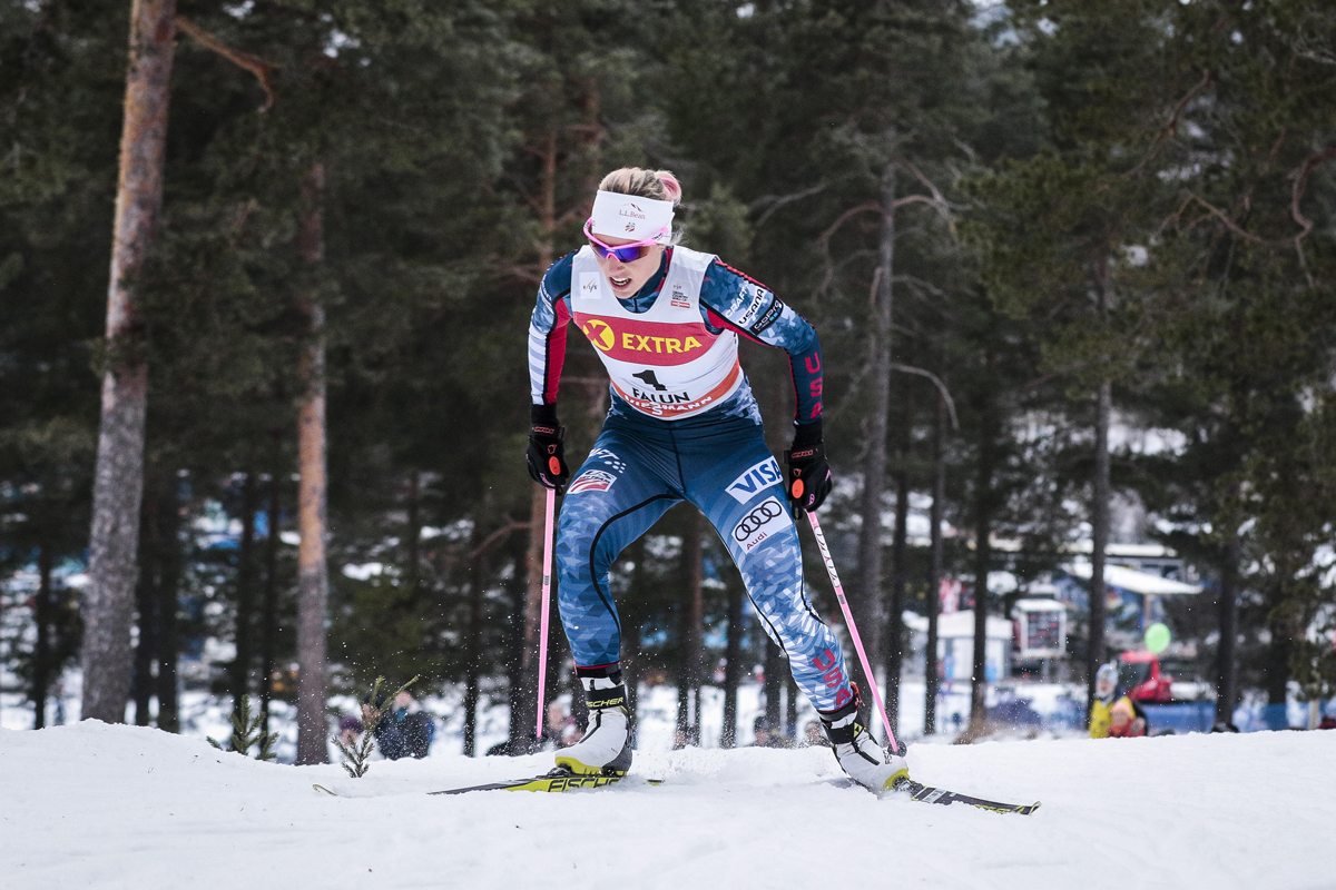 Kikkan Randall (U.S. Ski Team) racing in Saturday's World Cup freestyle sprint in Falun, Sweden, where she ultimately placed fifth for her best result since March 2015. (Photo: Fischer/Nordic Focus)