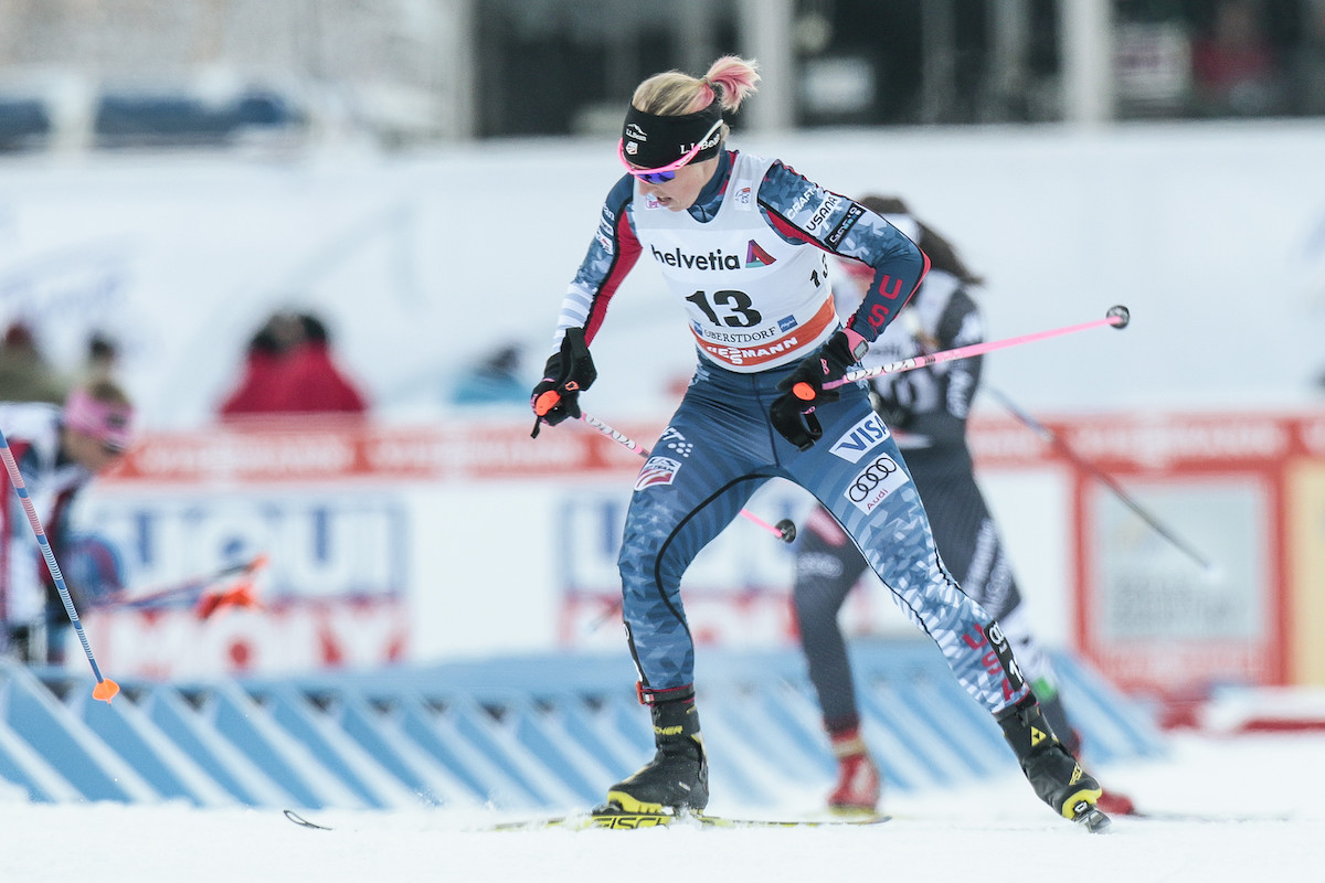 Kikkan Randall racing in the skiathlon in Oberstdorf on Tuesday. (Photo: Fischer/NordicFocus)