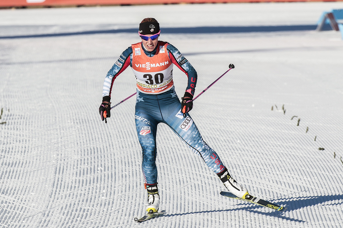 Kikkan Randall finishing the women's 5 k freestyle at Stage 5 of the Tour de Ski in 40th, which put her 22nd overall. The night before, Randall planned to withdraw from the Tour after Friday's stage in Toblach, Italy. (Photo: Fischer/Nordic Focus)