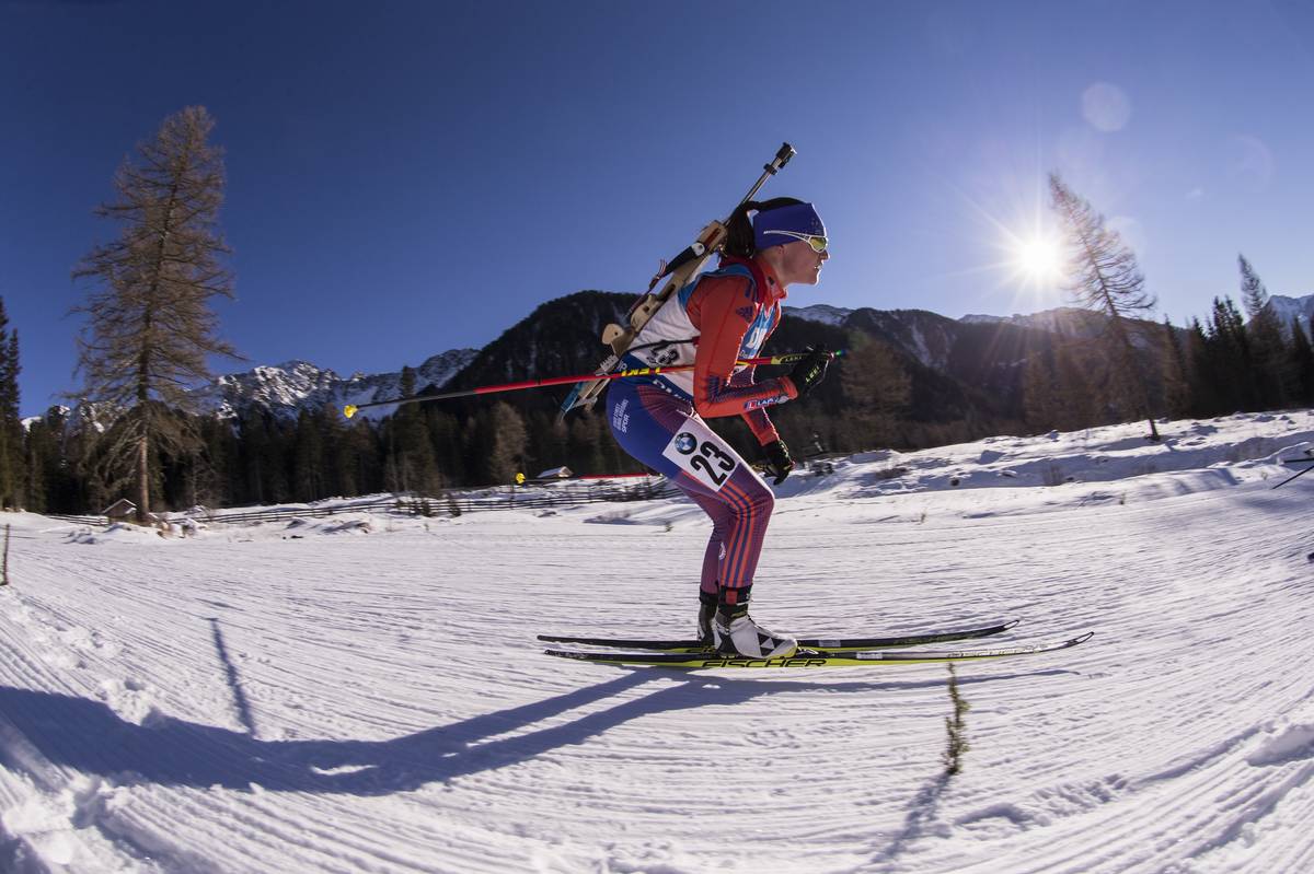 Joanne Reid (US Biathlon) racing to 60th in the women's 15 k individual on Thursday at the IBU World Cup in Antholz, Italy. (Photo: USBA/NordicFocus)