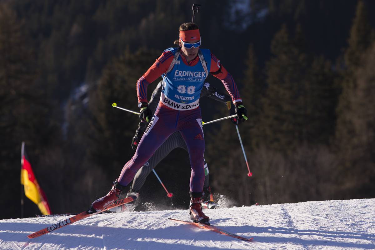 Paul Schommer, of US Biathlon's National Development Group, racing to 33rd in his first IBU World Cup race, the men's 20 k individual on Friday in Antholz, Italy. (Photo: USBA/NordicFocus)