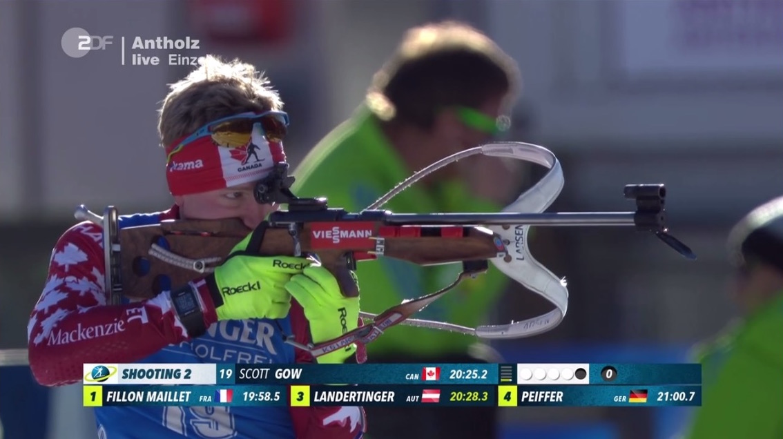 Scott Gow (Biathlon Canada) on his way to cleaning his second-straight stage of the men's 20 k individual on Friday at the IBU World Cup in Antholz, Italy. Gow went on to place 17th for a career best. (Photo: ZDF broadcast screenshot)