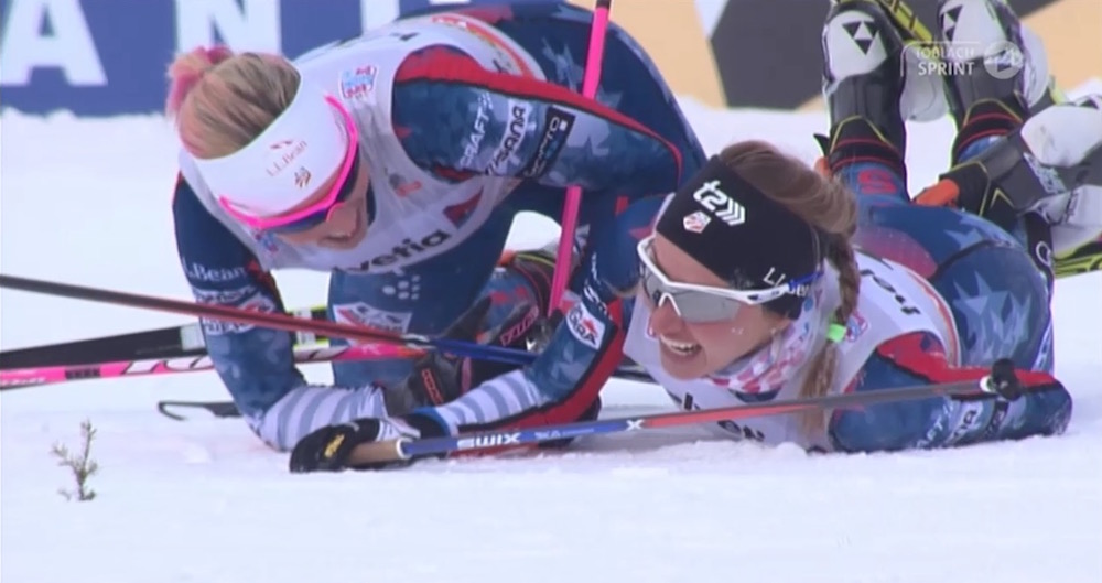 U.S. teammates Kikkan Randall (l) and Sophie Caldwell (r) after colliding in the first women's semifinal on Saturday at the World Cup skate sprint in Toblach, Italy. 