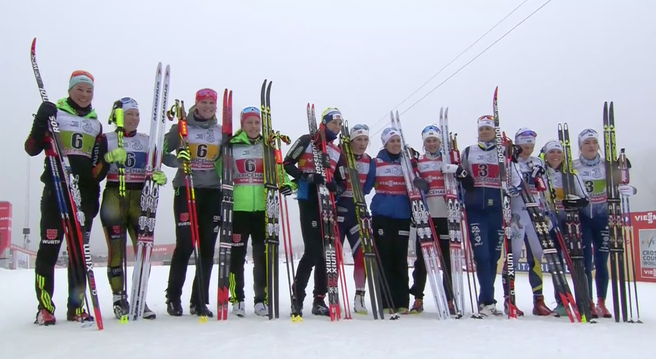 The Norwegian women's team (center) won the 4 x 5 k World Cup cross-country relay in Ulricehamn, Sweden, by 8.8 seconds over Germany (left), with home team Sweden (right) edging the United States for third.