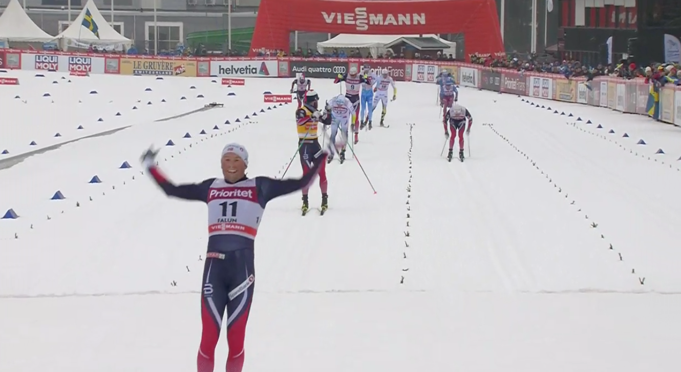 Emil Iversen celebrates his win in the 30 k classic mass start in Falun, Sweden, on Sunday. Norwegian teammate Martin Johnsrud Sundby finished second and Sweden's Calle Halfvarsson third.