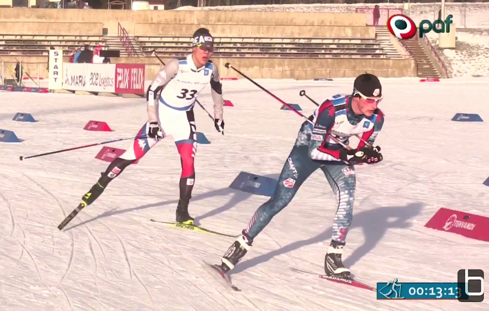 American Grant Andrews (r) racing in a 10 k at last weekend's Continental Cup in Otepaa, Estonia. He placed 40th on Saturday, Jan. 21, and 44th on Sunday, Jan. 22. (Courtesy photo/screenshot)