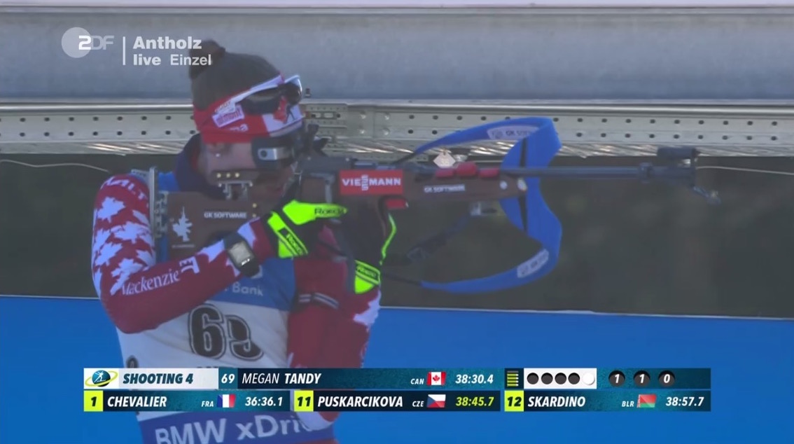 Megan Tandy (Biathlon Canada) during her final shooting stage of the women's 15 k individual on Thursday at the IBU World Cup in Antholz, Italy. (Photo: IBU)