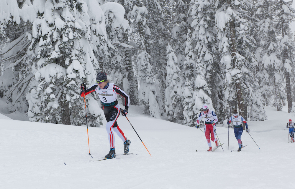 Jennie Bender (3) of the Bridger Ski Foundation leading Stratton's Julia Kern (2) and Sun Valley's Deedra Irwin (5) during the second women's classic sprint semifinal at Saturday's SuperTour near Truckee, Calif. Bender went on to win the semifinal, as well as the final. 