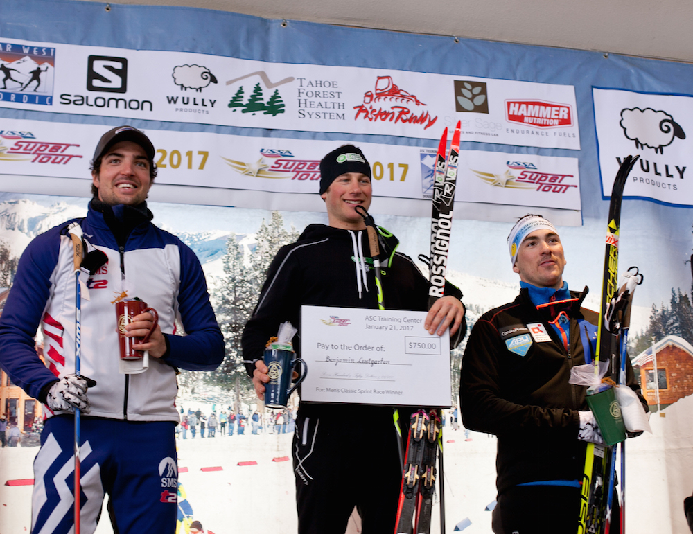 Ben Lustgarten (Craftsbury Green Racing Project) with his $750-dollar check for winning the men's SuperTour classic sprint on Saturday near Truckee, Calif. Stratton's Ben Saxton (l) placed second and APU's Reese Hanneman (r) was third.  