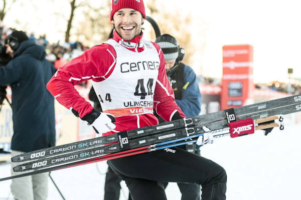 Alex Harvey celebrates on his way to the top step of the podium in Ulricehamn, Sweden. The Canadian won the 15 k freestyle over Norway's Martin Johnsrud Sundby and Sweden's Marcus Hellner. (Photo: Cross Country Canada/NordicFocus.com)