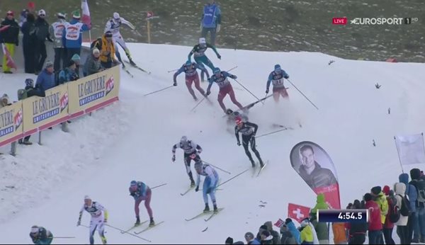 Erik Bjornsen's crash caught on camera during the first lap of the men's 15 k classic mass start at Stage 6 of the Tour de Ski on Saturday in Val di Fiemme, Italy. (Photo: CCC)