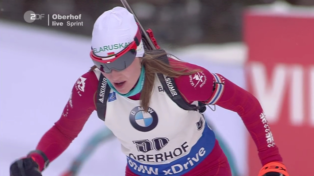 Darya Domracheva of Belarus starting her first IBU World Cup in 656 days on Friday in Oberhof, Germany. Three months after having her first child, Domracheva finished 37th in the women's 7.5 k sprint. (Photo: ZDF broadcast screenshot)