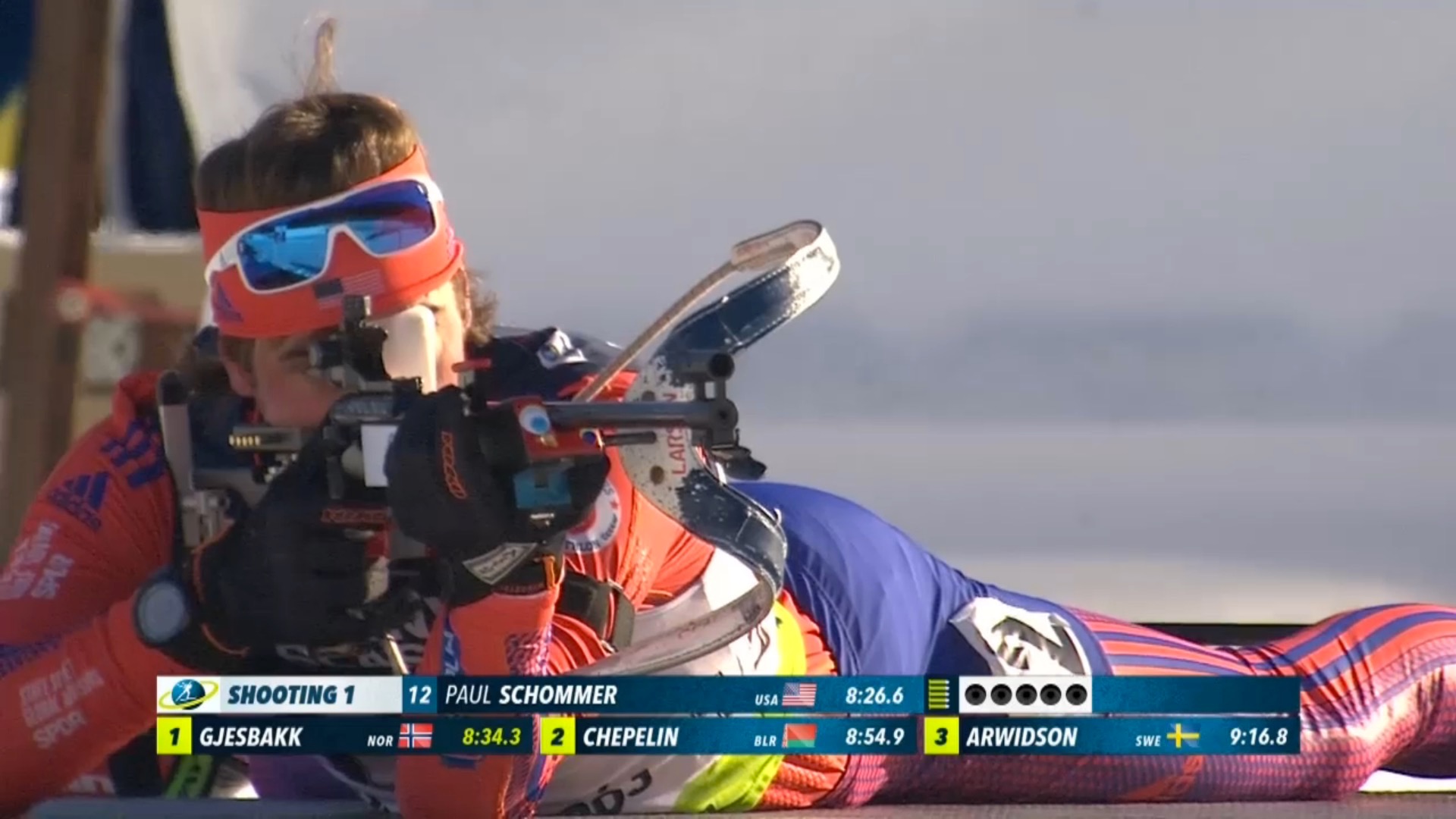 US Biathlon’s Paul Schommer shooting prone in the men’s 10 k sprint at the 2017 IBU Open European Championships in Duszniki-Zdrój, Poland. He was the top North American on Friday in 58th. (Photo: IBU/Eurovisionsports.tv screenshot)