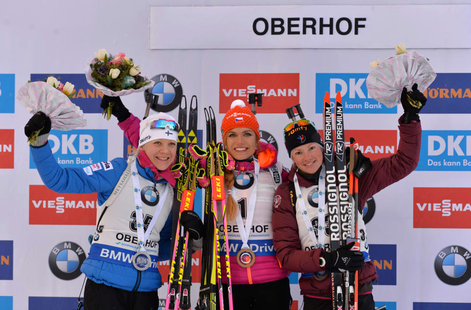 The women’s 7.5 k sprint podium at the 2017 IBU World Cup in Oberhof, Germany, with (left to right) Finland’s Kaisa Mäkäräinen in second, Czech Republic’s Gabriela Koukalová in first, and France’s Marie Dorin Habert in third. (Photo: IBU)