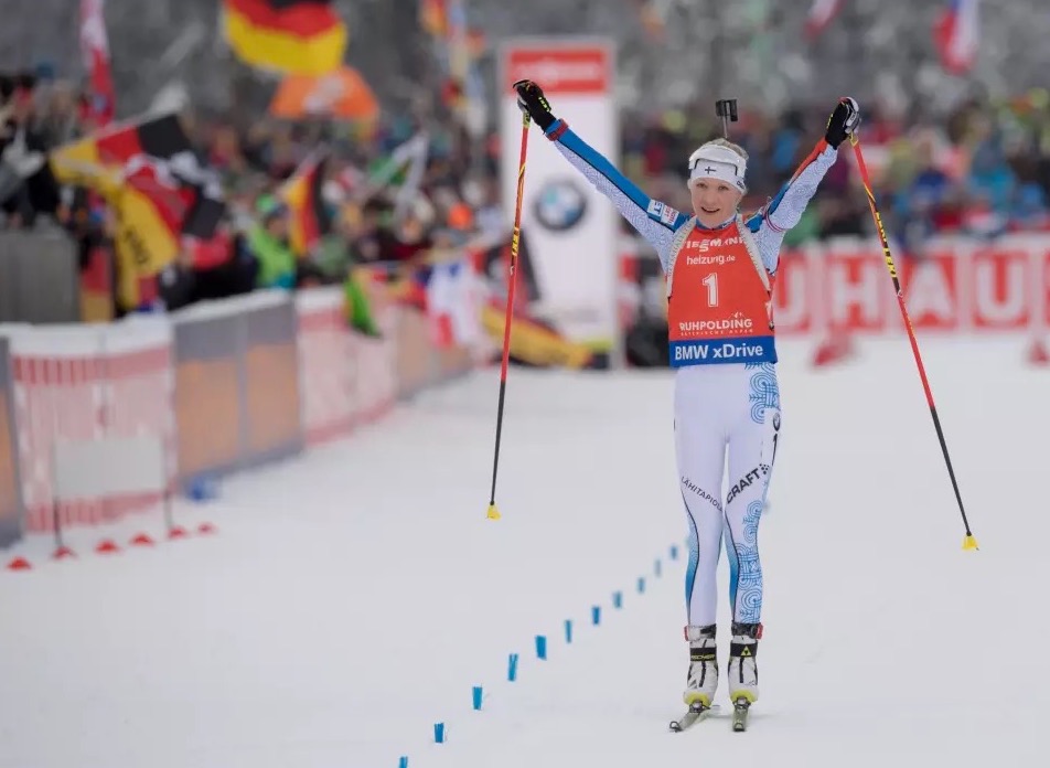 Finland’s Kaisa Mäkäräinen celebrates her victory in the women’s 10 k pursuit at the 2017 World Cup in Ruhpolding, Germany. (Photo: IBU)