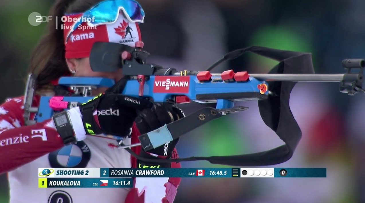 Rosanna Crawford (Biathlon Canada) shooting clean in standing during the women’s 7.5 k sprint at the 2017 IBU World Cup in Oberhof, Germany. (Photo: ZDF broadcast)