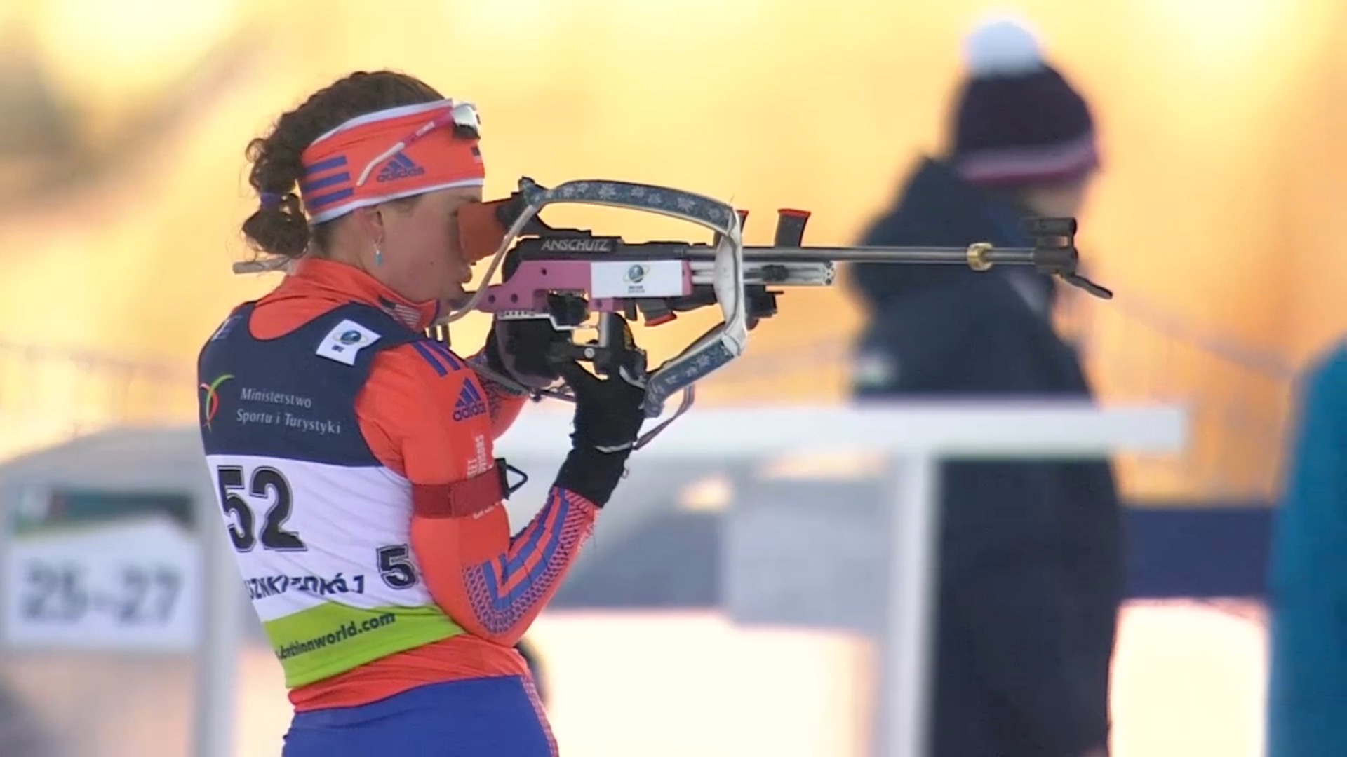 American Hallie Grossman during her standing stage in the women’s 7.5 k sprint on Friday at the 2017 IBU Open European Championships in Duszniki-Zdrój, Poland. She finished 70th with three penalties as the second-best North American. (Photo: IBU/Eurovisionsports.tv screenshot)