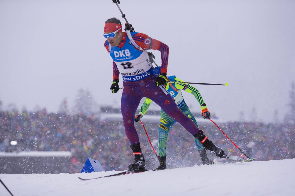 US Biathlon's Tim Burke on course in heavy snowfall during the men’s 12.5 k pursuit at the 2017 IBU World Cup in Ruhpolding, Germany. (Photo: USBA/NordicFocus)