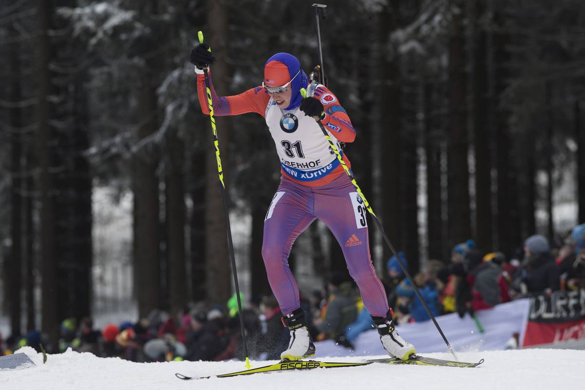 American Susan Dunklee climbing during the women’s 7.5 k sprint on Friday at the 2017 IBU World Cup in Oberhof, Germany. (Photo: USBA/NordicFocus)