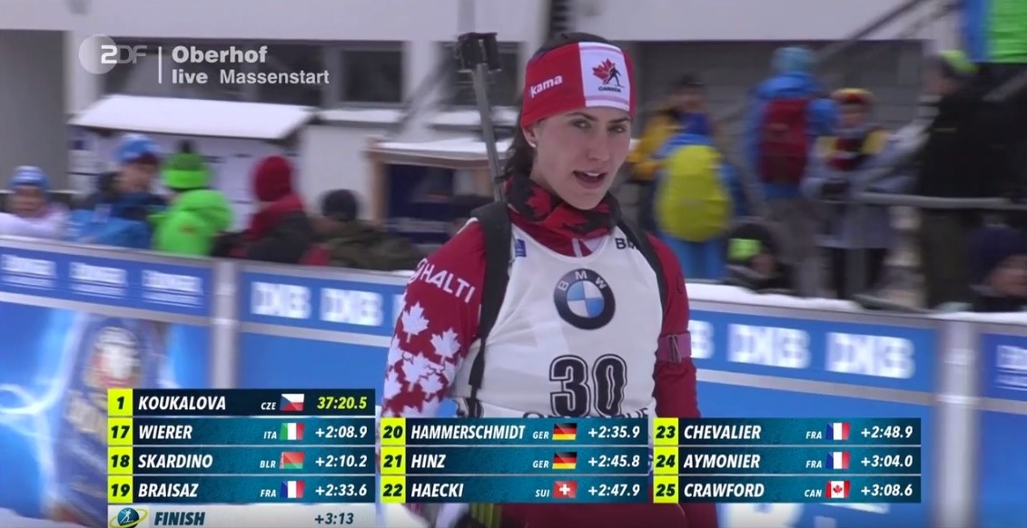 Biathlon Canada’s Rosanna Crawford after finishing 25th in the women’s mass start at the 2017 IBU World Cup in Oberhof, Germany. (Photo: ZDF screenshot)