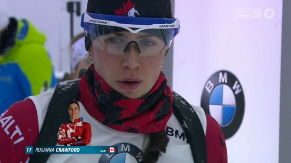 Biathlon Canada’s Rosanna Crawford at the start of the women’s 7.5 k sprint at the 2017 IBU World Cup in Ruhpolding, Germany. (Photo: ARD broadcast screenshot)