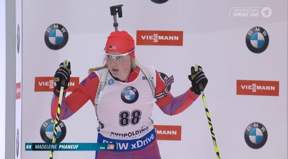 US Biathlon’s Maddie Phaneuf at the start of the women’s 7.5 k sprint at the 2017 IBU World Cup in Ruhpolding, Germany. (Photo: ARD broadcast screenshot)