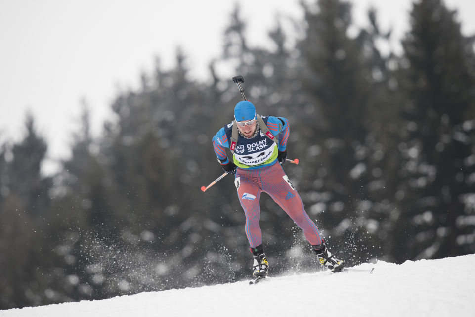 Russia's Alexander Loginov racing to the win in the men's 20 k individual on Wednesday, the first race of 2017 IBU Open European Championships in Duszniki-Zdrój, Poland. (Photo: IBU) 