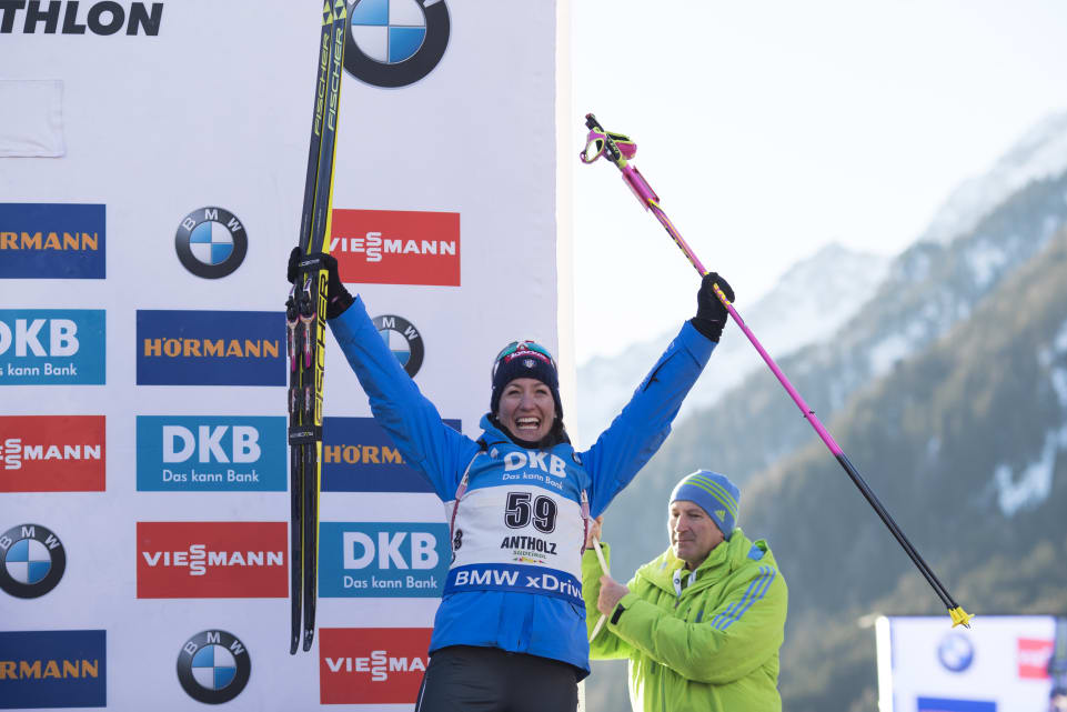 Italy's Alexia Runggaldier celebrating her first IBU World Cup podium in third on Thursday at the women's 15 k individual in Antholz, Italy. (Photo: IBU)