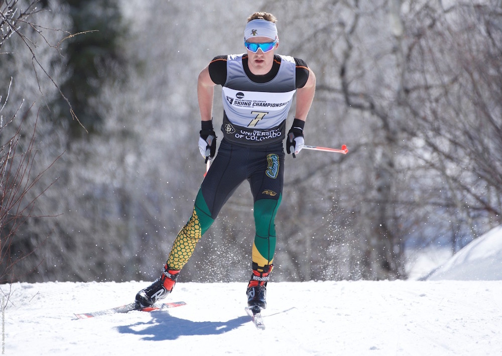 Former University of Vermont skier Cole Morgan (now with the Sun Valley Ski Education Foundation) racing to 21st in the men's 10 k freestyle at 2016 NCAA Championships in Steamboat Springs, Colo. (Photo: UVM Athletics)