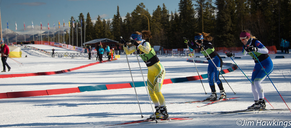 Nakkertok's Claire Grall (in yellow) during the skate sprint at 2016 Canadian nationals in Whitehorse, Yukon. (Photo: Jim Hawkings)