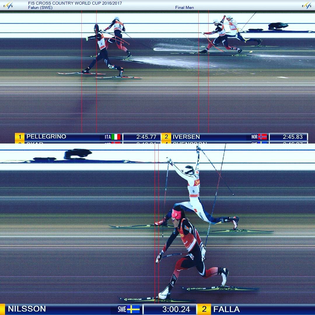 The photo finish for first between Sweden's Stina Nilsson and Norway's Maiken Caspersen Falla at Saturday's World Cup skate sprint in Falun, Sweden. (Photo: FIS Cross Country/Instagram)