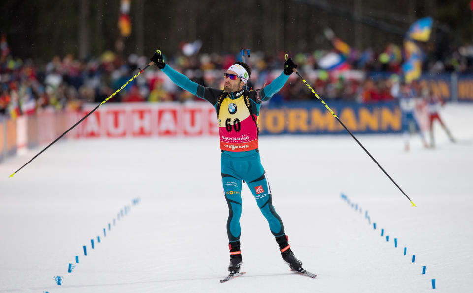 France's Martin Fourcade celebrating his ninth individual win of the 2016/2017 IBU World Cup season on Friday at the finish of the men's 10 k sprint in Ruhpolding, Germany. (Photo: IBU)