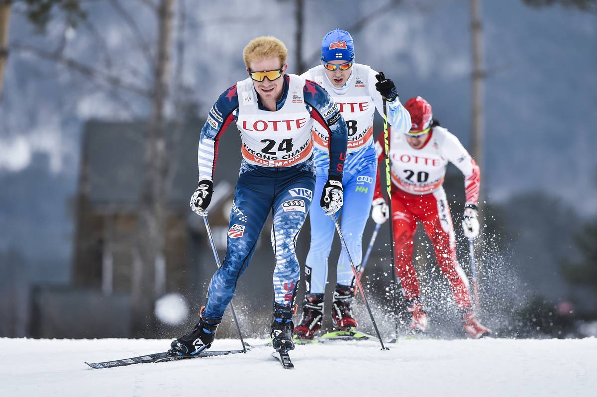 American Matt Gelso (24) racing to 19th in Saturday's 30 k skiathlon at the PyeongChang World Cup in South Korea. (Photo: Salomon/Nordic Focus)