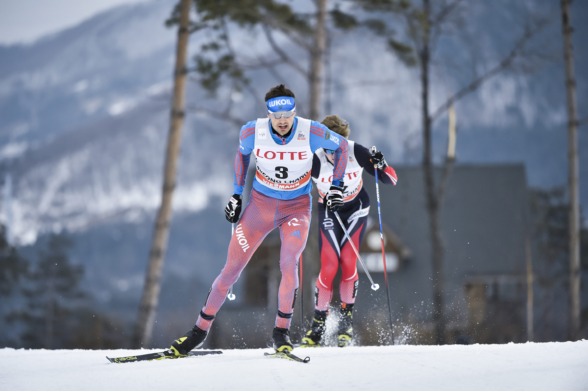 Russia's Petr Sedov en route to his first World Cup win on Saturday in the PyeongChang World Cup 30 k skiathlon in South Korea. (Photo: Fischer/Nordic Focus)
