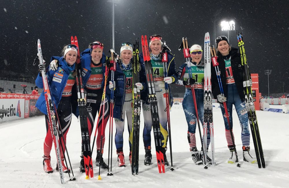 The women's freestyle team sprint podium at the PyeongChang World Cup on Sunday in South Korea, with Sweden's Elin Mohlin and Maria Nordström (c) in first, Norway's Anna Svensen and Silje Øyre Slind (l) in second, and USA I's Ida Sargent and Sophie Caldwell (r) in third. (Photo: FIS Cross Country/Twitter)