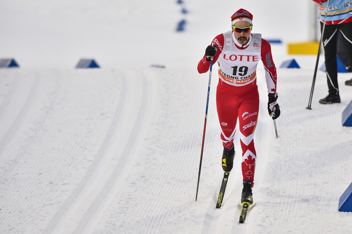 Jess Cockney (Canadian World Cup B-team) racing to 16th in the men's classic sprint qualifier on Friday at the World Cup in PyeongChang, South Korea. He went on to place 10th overall for a season best. (Photo: Fischer/NordicFocus)