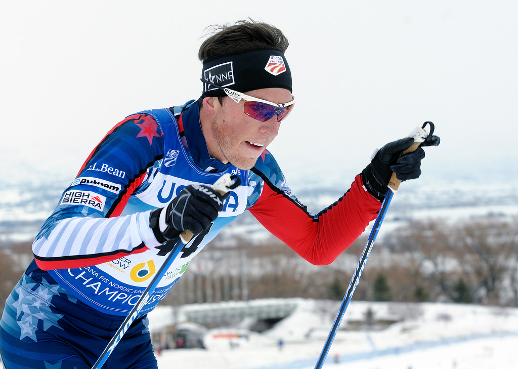 Paddy Caldwell, of the Stratton Mountain School and U.S. Ski Team, racing to ninth in the men's 15 k freestyle at 2017 U23 World Championships at Soldier Hollow in Midway, Utah. (Photo: U.S. Ski Team/Tom Kelly)