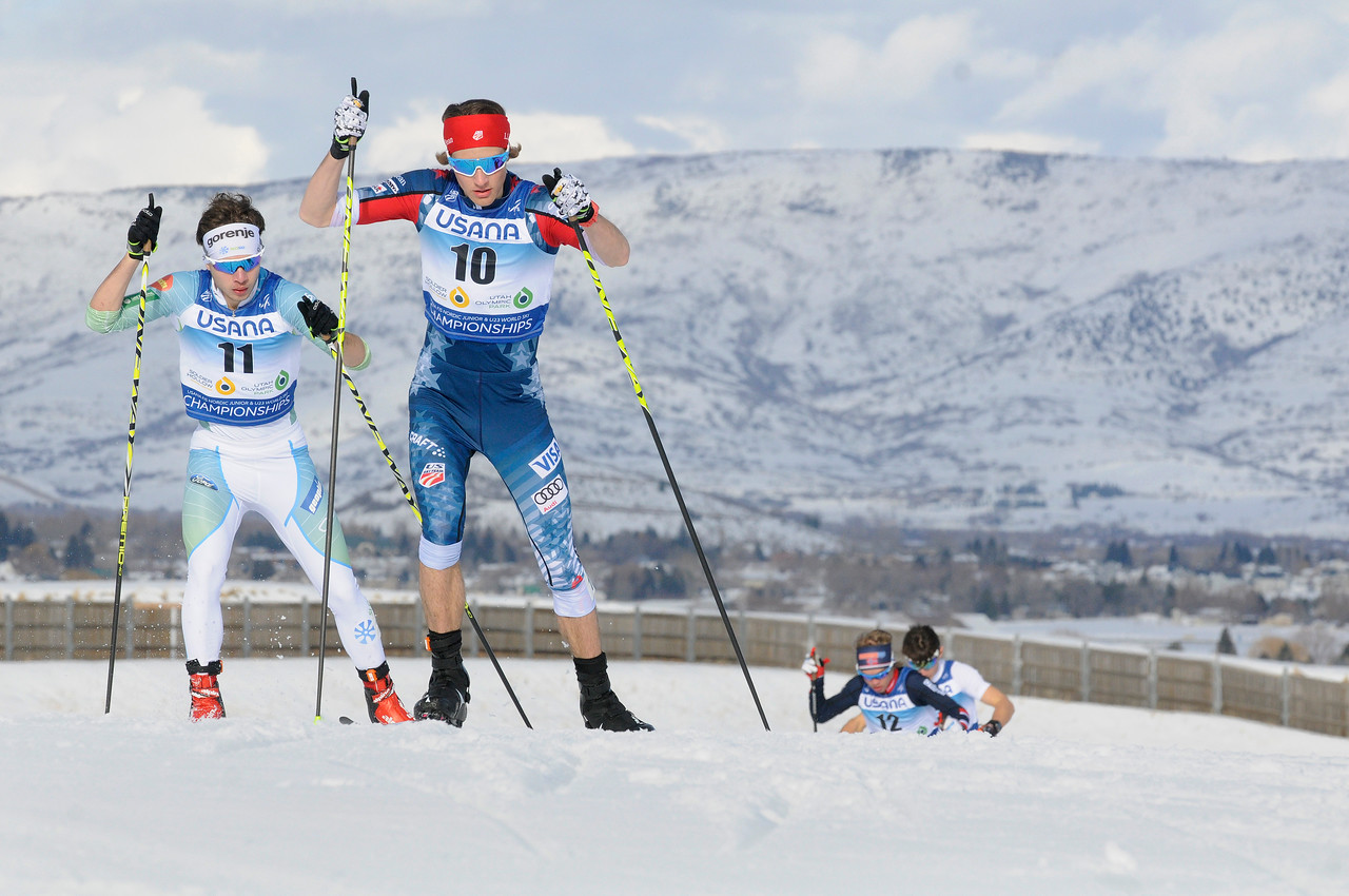 American Ben Loomis (10) racing to a career-best ninth in the individual normal hill/5 k competition on Feb. 4 at Nordic Combined Junior World Championships at Soldier Hollow in Midway, Utah. (U.S. Ski Team - Tom Kelly)