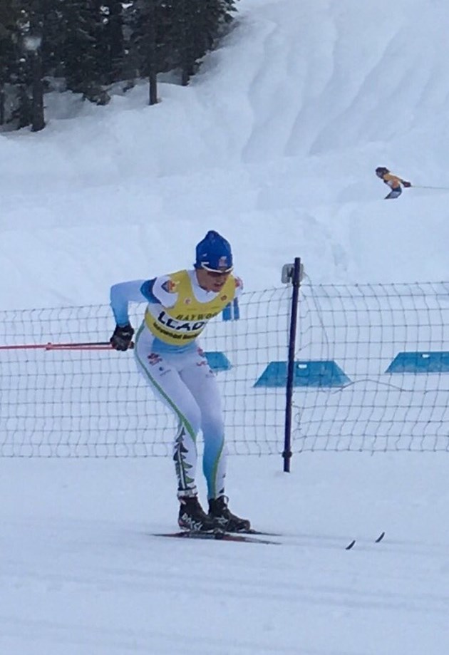 Evan Palmer-Charrette (NTDC Thunder Bay), in the NorAm leader's bib, racing to third in the 15 k classic on Jan. 21 at Western Canadian Championships in Whistler, B.C. (Courtesy photo)
